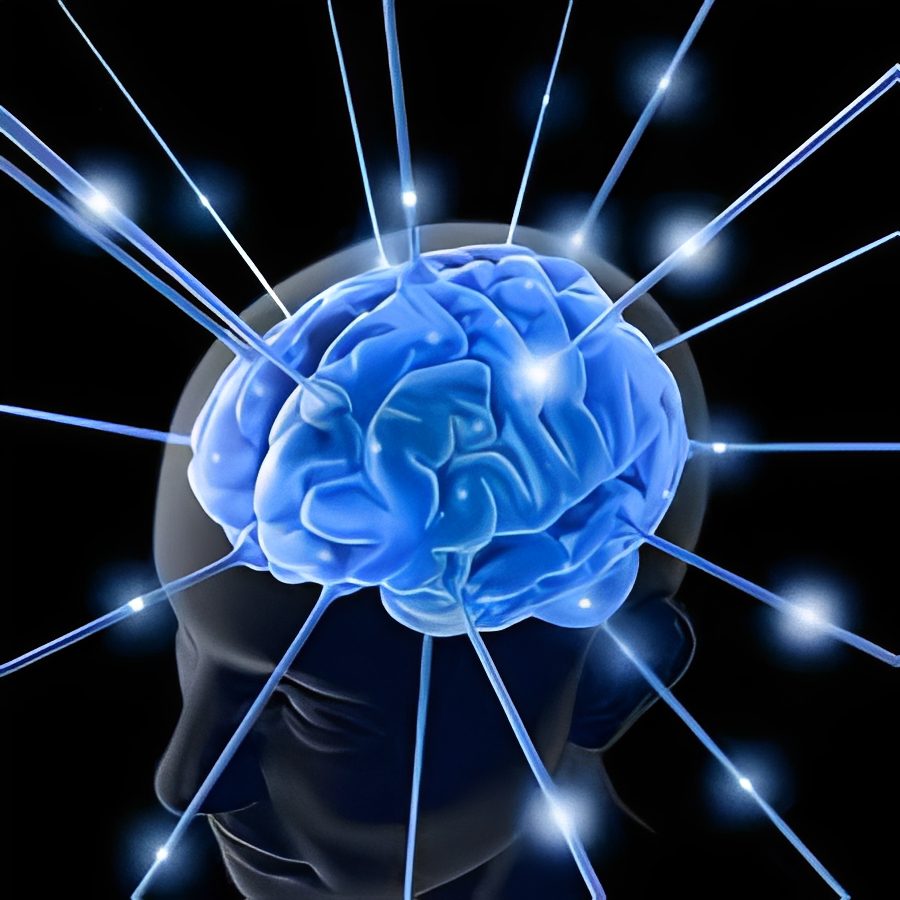 Blue brain with glowing neural connections.