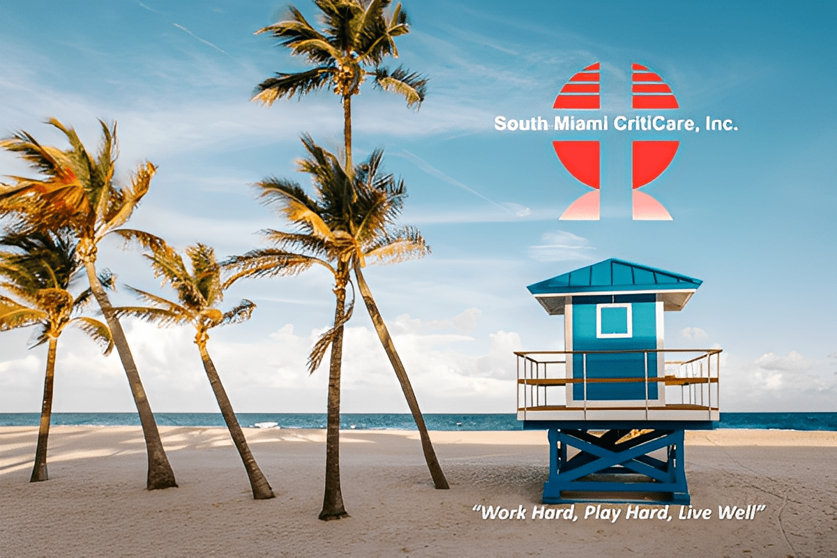 Beach scene with palm trees and lifeguard tower.